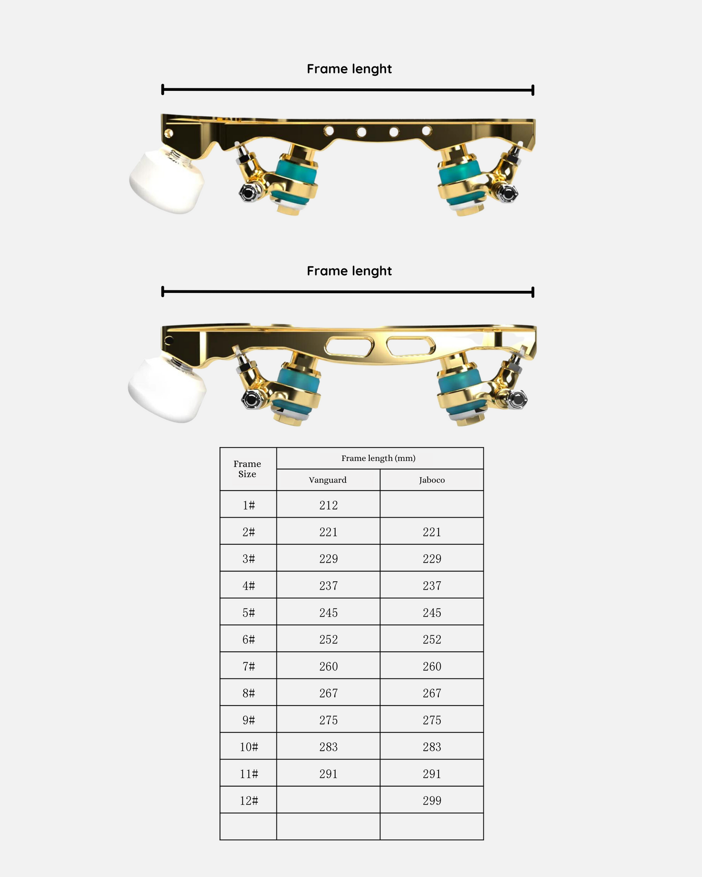 Vanguard or Jaboco super light gold quad frames — without bearings and wheels